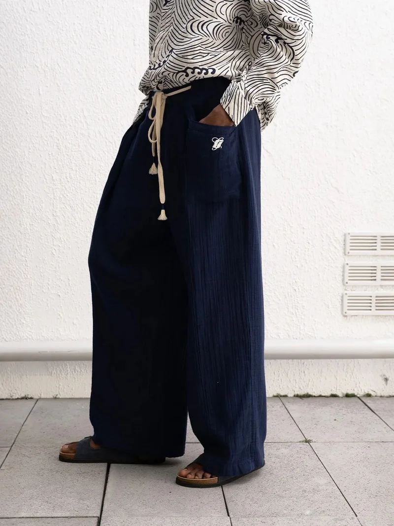 Giesto Navy Blue GIESTO Wide Leg Cotton Drawstring Pants for Men | Best Price UAE